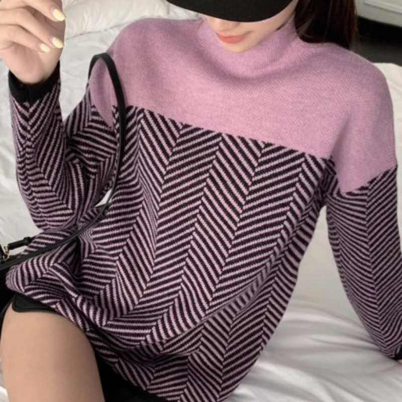 Selena - Chevron Pattern High-Neck Sweater